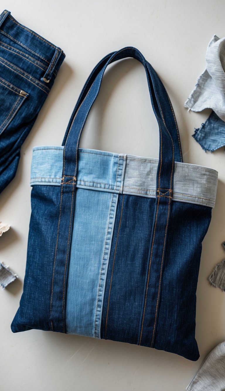A reversible denim tote bag made from blue jeans displayed on a neutral background with sewing tools nearby.